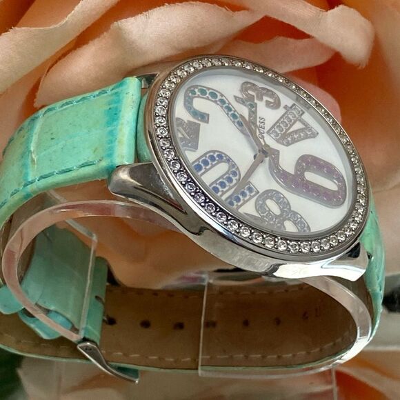 Guess Crystal Accented Bezel and Dial Large Face Watch with Leather Strap - Picture 5 of 15